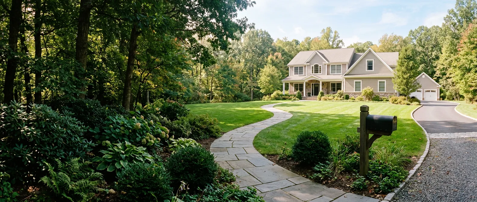 Stone front walkway and manicured lawn leading to a New Jersey home with a mailbox at the drive