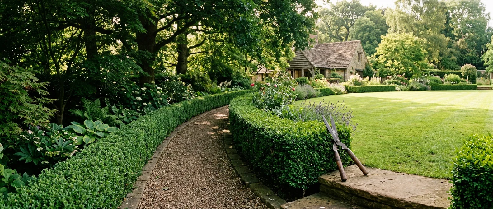 Trimmed boxwood hedge along a shaded gravel garden path with hedge shears resting on a stone step