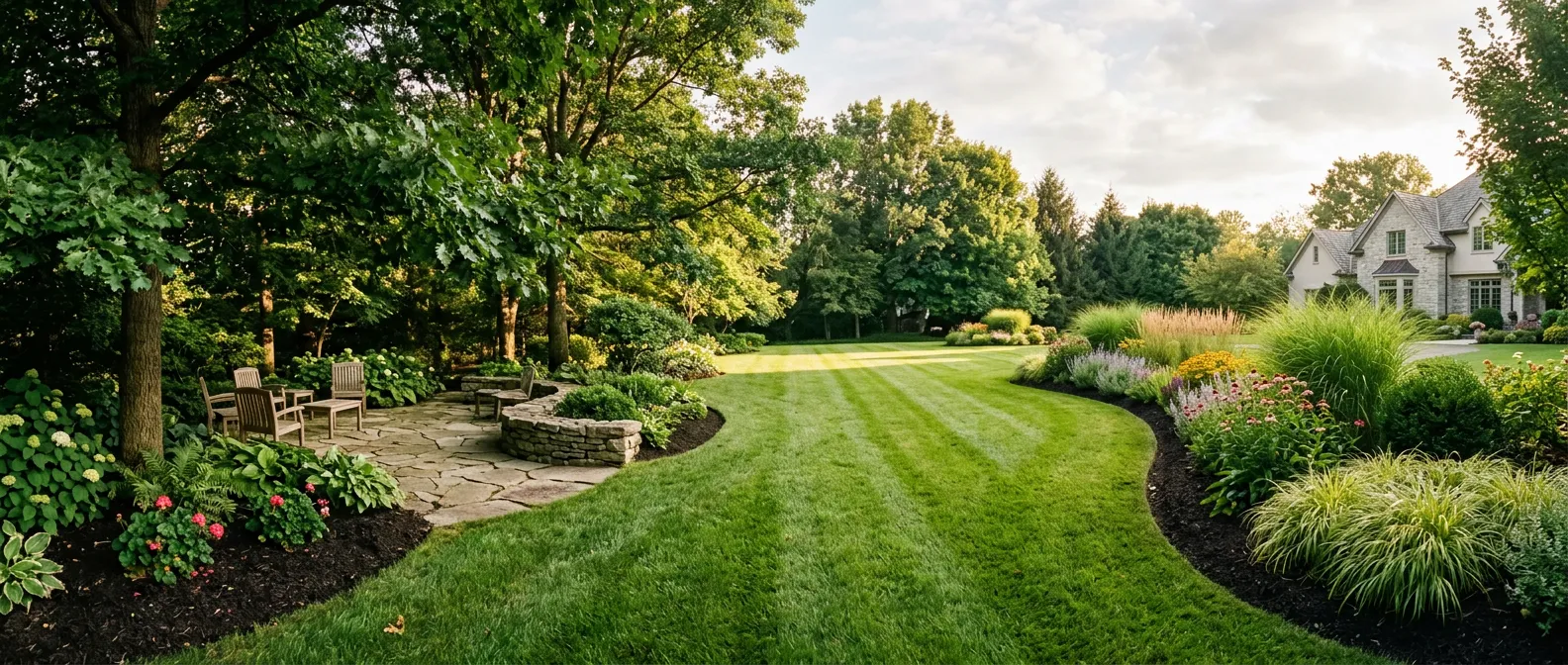 Completed landscape project with a flagstone patio, mulch beds and a bright striped lawn
