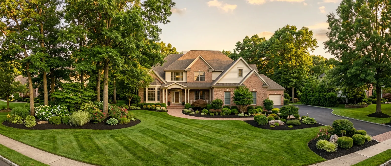 Freshly mowed striped lawn and mulched garden beds in front of a Sussex County home at golden hour