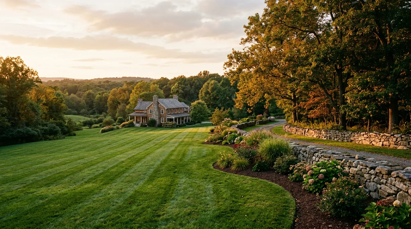 Golden hour view of a striped lawn, stone wall and mature trees on a rural New Jersey property