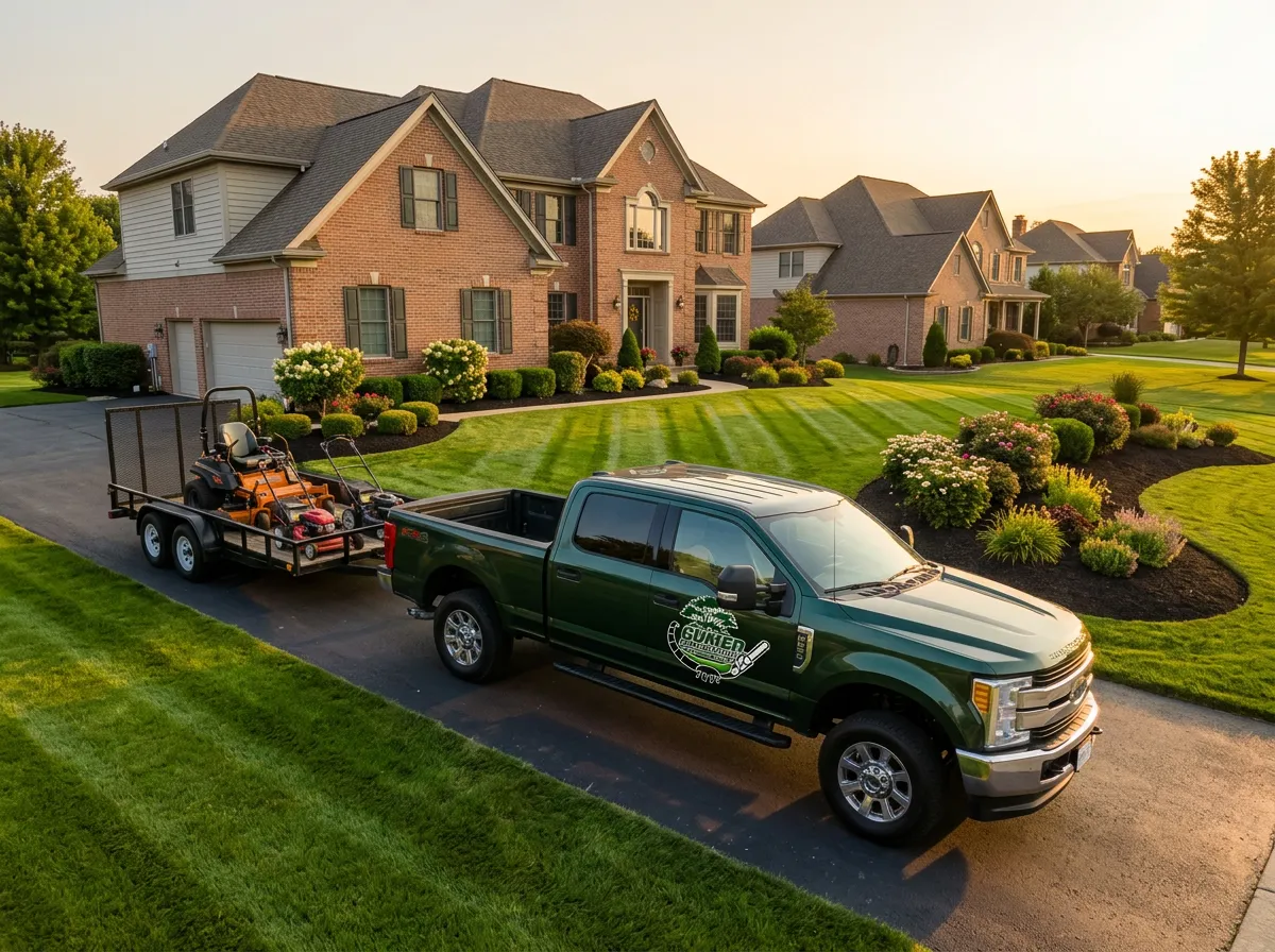 Creation Landscapes branded green pickup truck and mower trailer parked at a freshly maintained the Inland Empire home