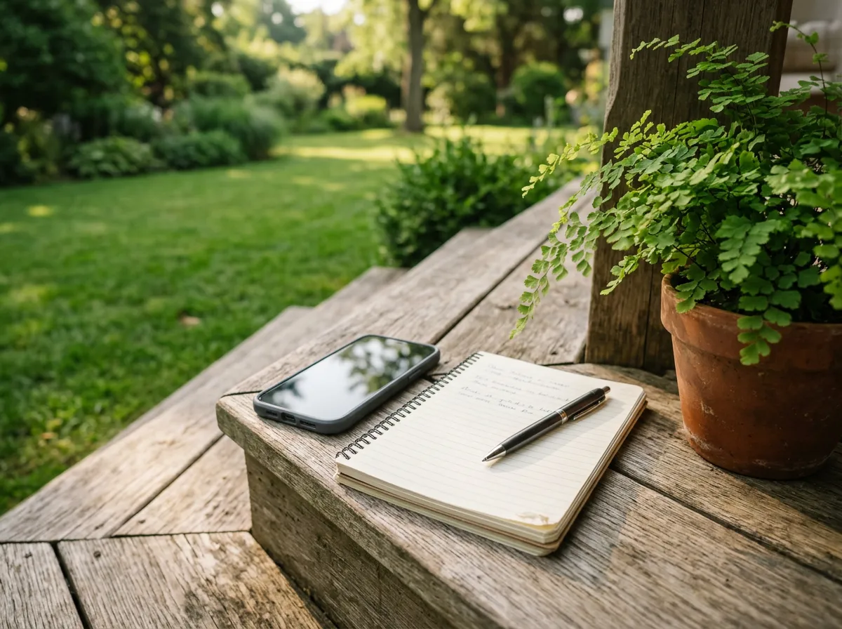 Homeowner making a phone call from a front porch overlooking a green suburban lawn