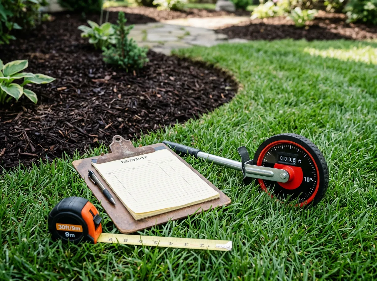 Clipboard with a blank estimate pad, measuring wheel and tape measure resting on a freshly cut lawn