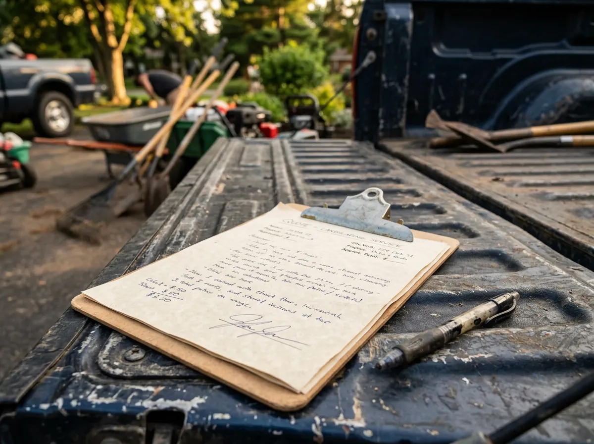 Handwritten landscaping quote on a clipboard resting on a pickup truck tailgate at golden hour