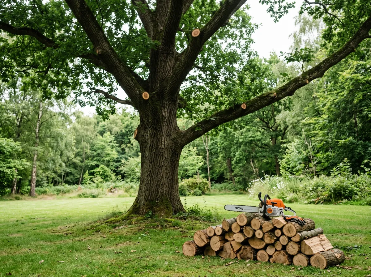 Gloved hands pruning a live hardwood tree limb with long-handled bypass loppers in a wooded California yard