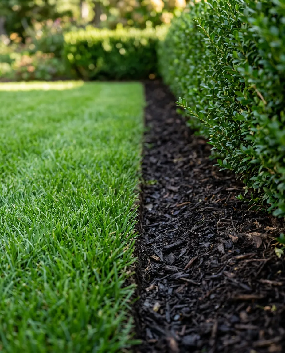 Gloved hands trimming a boxwood hedge beside a freshly edged mulch bed
