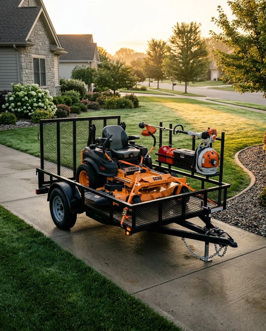 Landscaping trailer loaded with a commercial mower, trimmer and blower on a suburban driveway at sunrise